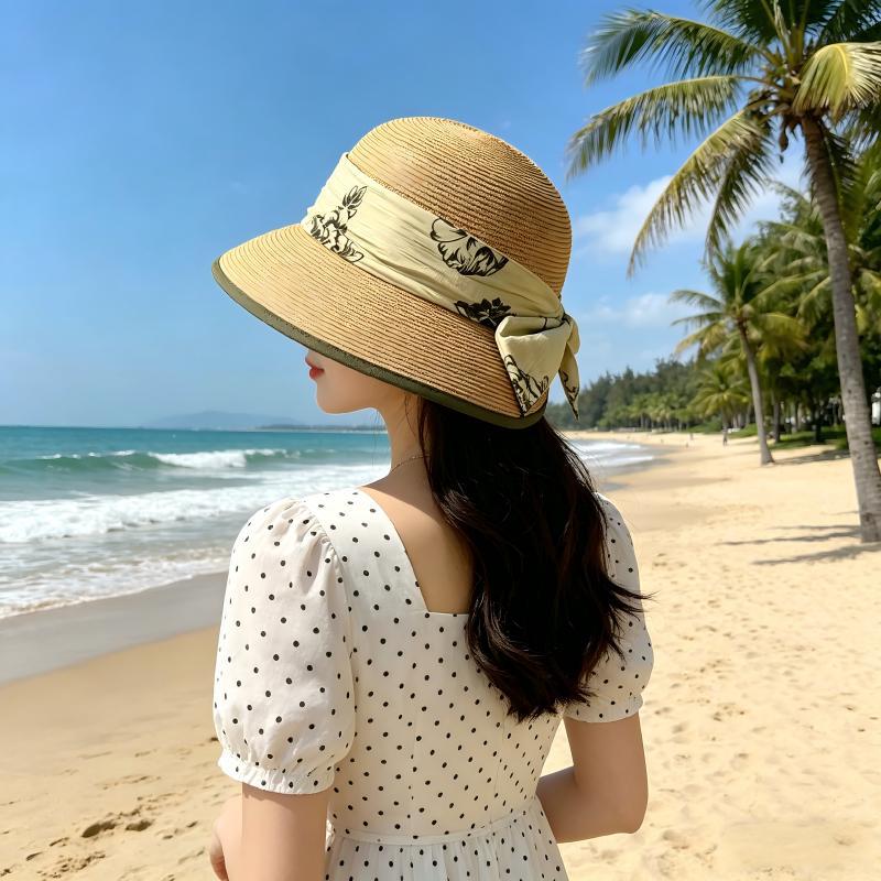 鳄鱼恤 新中式水墨印花丝带草帽女夏季防晒遮阳渔夫帽显脸小度假风