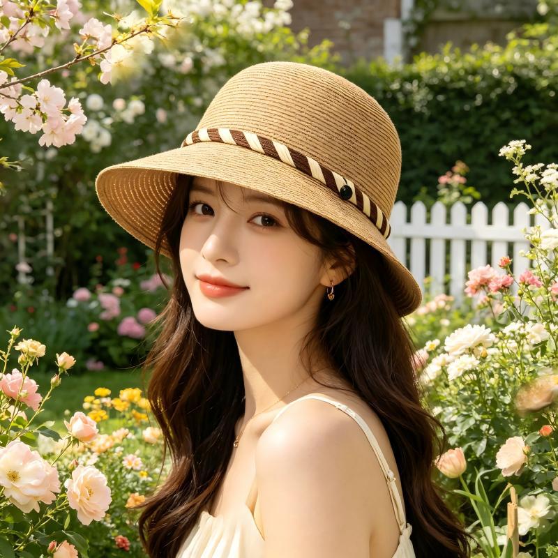 鳄鱼恤 海边度假必备草帽女 条纹饰带百搭防晒渔夫