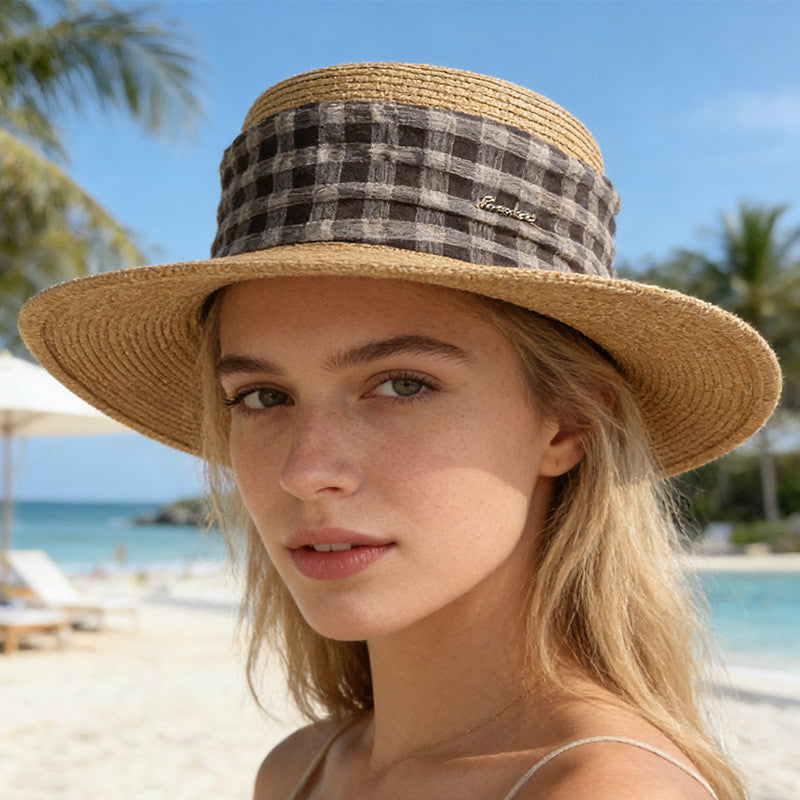 鳄鱼恤 日系格纹帽女春夏出游百搭平檐太阳帽海边度假女士遮阳防晒帽子
