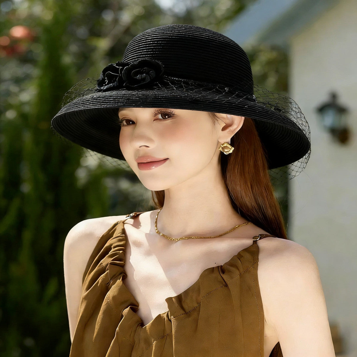 法式网纱花朵草帽大帽檐遮阳防晒出游度假女时尚百搭