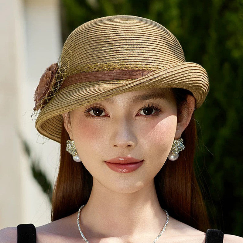 法式优雅网纱花朵卷边女春夏季户外出游编织遮阳草帽