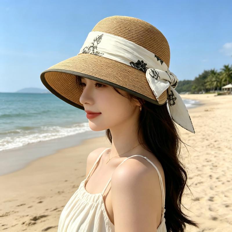 鳄鱼恤 新中式水墨印花丝带草帽女夏季防晒遮阳渔夫帽显脸小度假风