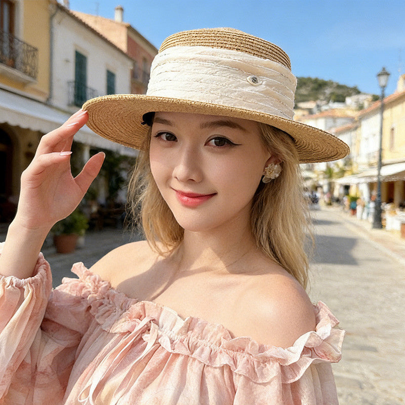 鳄鱼恤 法式赫本风平檐草帽女夏季太阳帽子海边度假风遮阳防晒帽
