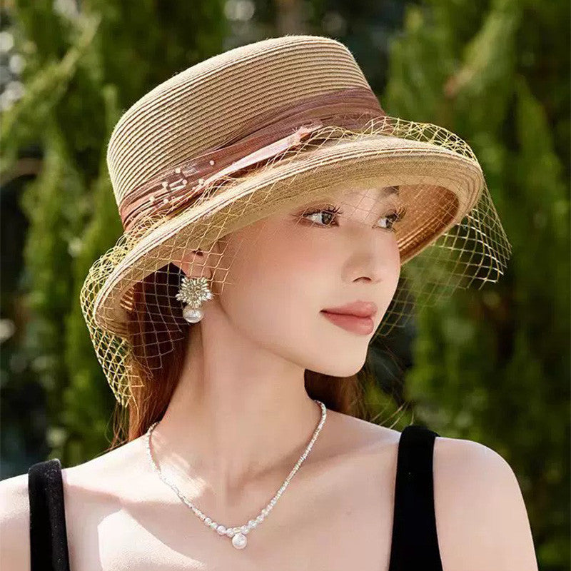 鳄鱼恤 法式名媛复古网纱卷边草帽女春秋新款草编遮阳帽优雅渔夫帽
