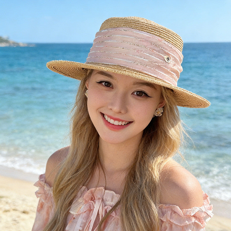 鳄鱼恤 法式赫本风平檐草帽女夏季太阳帽子海边度假风遮阳防晒帽