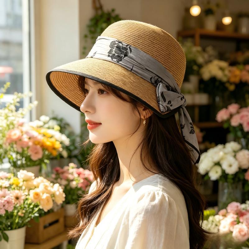 鳄鱼恤 新中式水墨印花丝带草帽女夏季防晒遮阳渔夫帽显脸小度假风