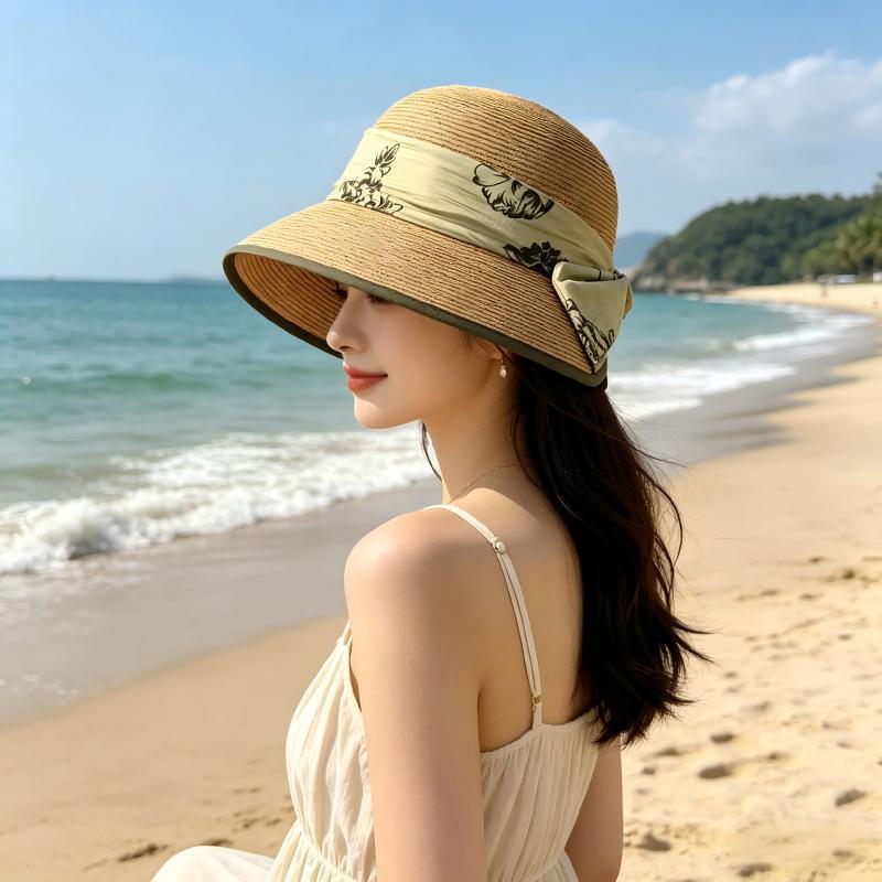 鳄鱼恤 新中式水墨印花丝带草帽女夏季防晒遮阳渔夫帽显脸小度假风