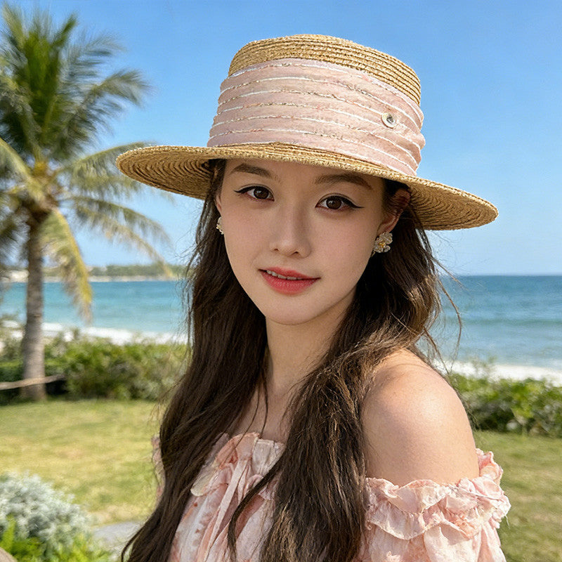 鳄鱼恤 法式赫本风平檐草帽女夏季太阳帽子海边度假风遮阳防晒帽