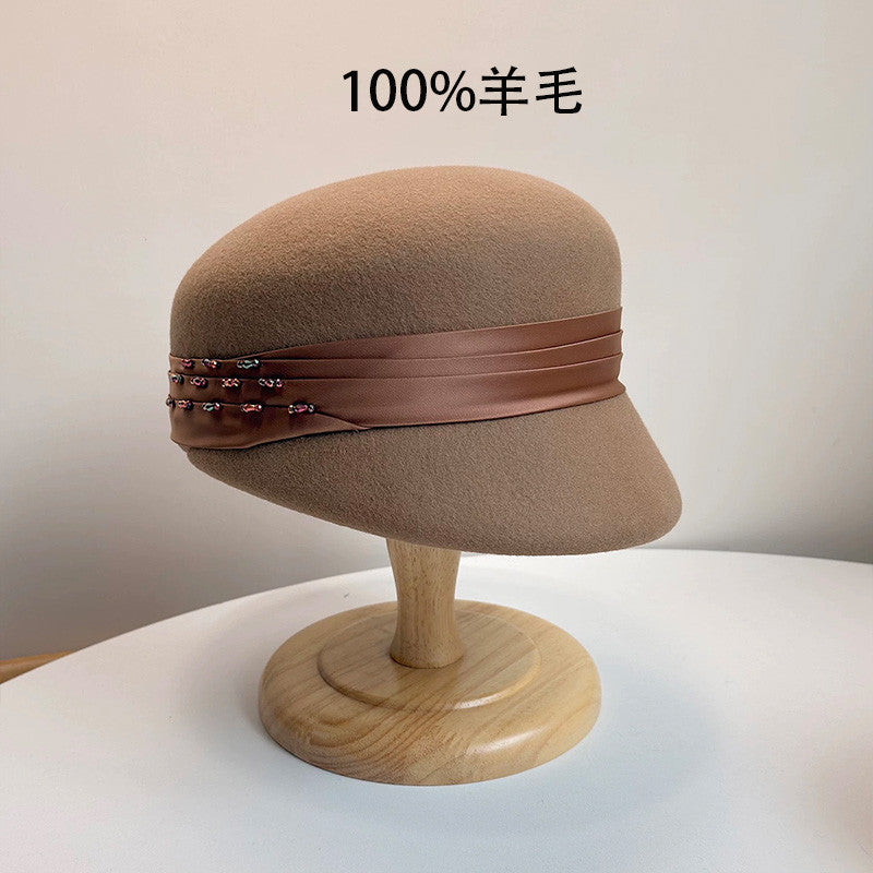 100%绵羊毛复古优雅马术帽秋冬季英伦风缎带镶装饰女款礼帽