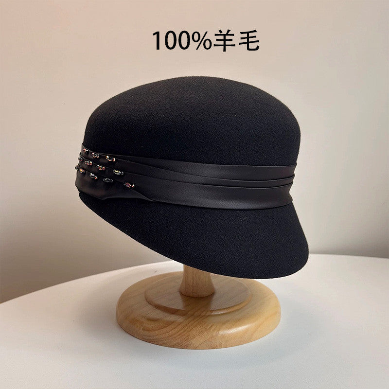 100%绵羊毛复古优雅马术帽秋冬季英伦风缎带镶装饰女款礼帽