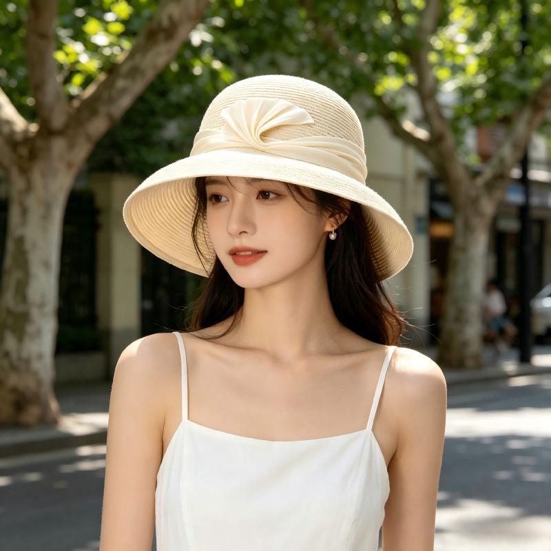 法式复古缎带草编帽 通勤百搭显脸小遮阳帽女士夏季