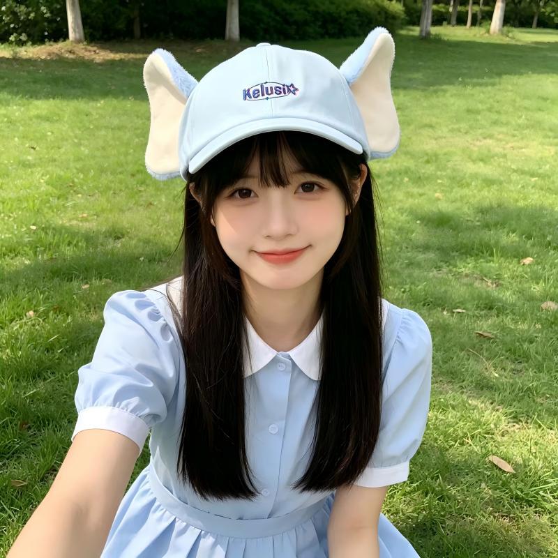 鳄鱼恤 新款二次元猫咪棒球帽女甜美大象可爱卡通显脸小鸭舌帽大头围帽子