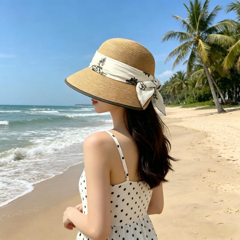鳄鱼恤 新中式水墨印花丝带草帽女夏季防晒遮阳渔夫帽显脸小度假风
