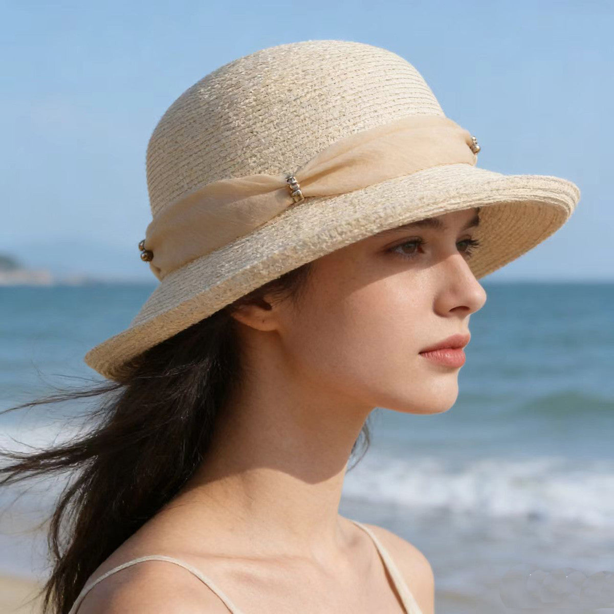 韩版百搭遮阳帽温柔风网纱飘带宽檐防晒出游拍照女士卷檐渔夫帽
