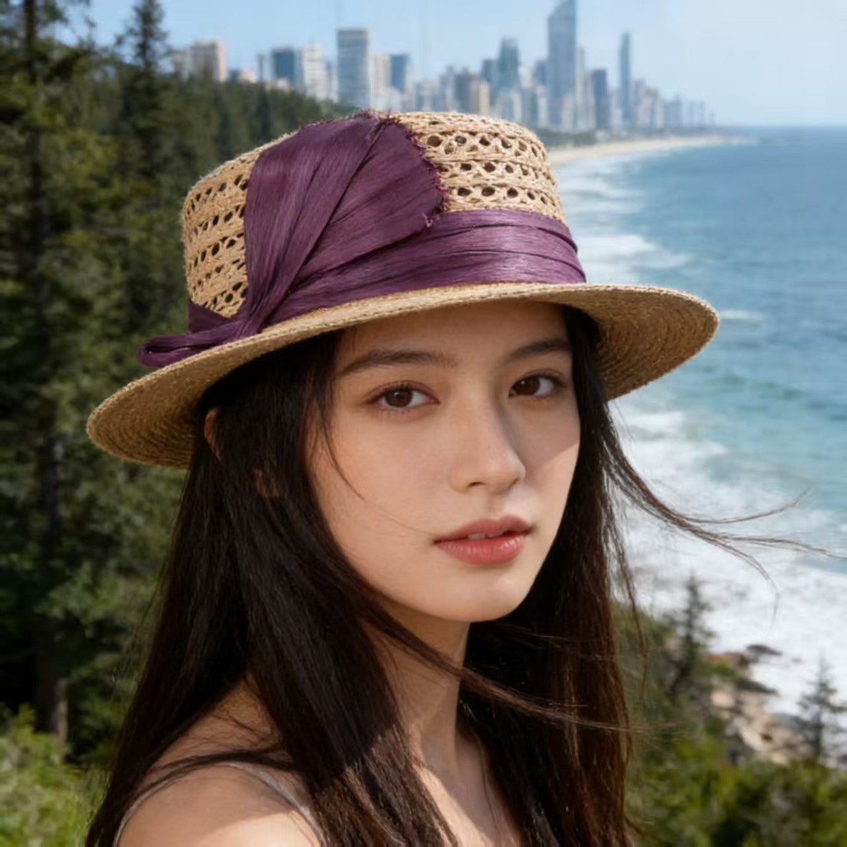 鳄鱼恤 轻奢撞色草编帽 日常百搭显脸小防晒盆帽