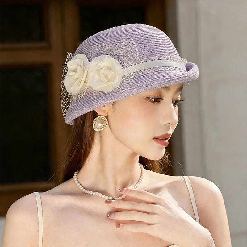 法式优雅网纱花朵卷边女春夏季户外出游编织遮阳草帽
