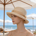 韩版百搭遮阳帽温柔风网纱飘带宽檐防晒出游拍照女士卷檐渔夫帽