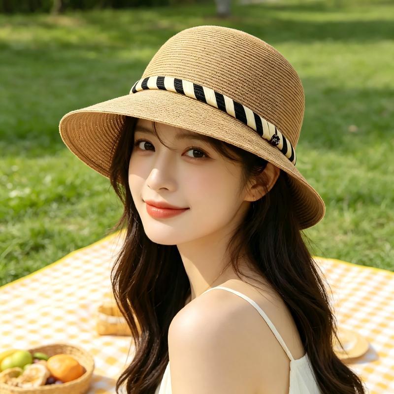 鳄鱼恤 海边度假必备草帽女 条纹饰带百搭防晒渔夫