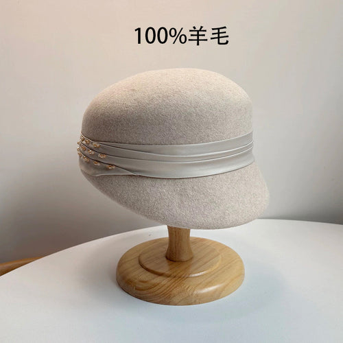 100%绵羊毛复古优雅马术帽秋冬季英伦风缎带镶装饰女款礼帽