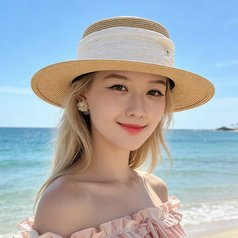 鳄鱼恤 法式赫本风平檐草帽女夏季太阳帽子海边度假风遮阳防晒帽