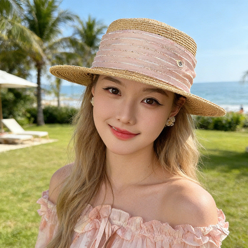 鳄鱼恤 法式赫本风平檐草帽女夏季太阳帽子海边度假风遮阳防晒帽